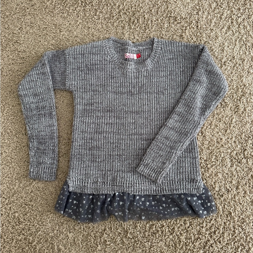 SO Girls Gray Knit Sweater Heart Ruffle Metallic Sheer Trim Size 7/8